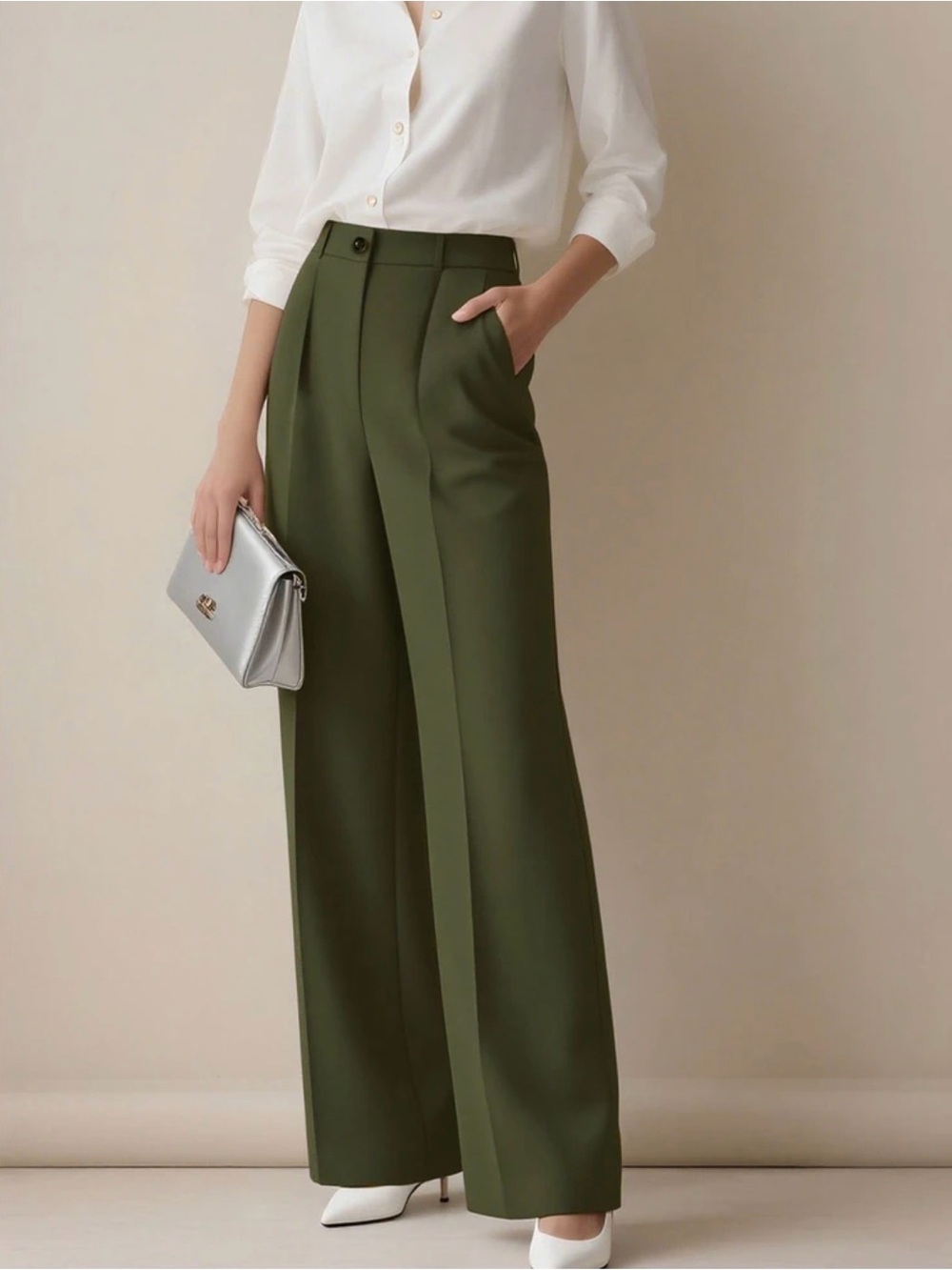 Wide-Leg High-Waist Trousers in Olive Green